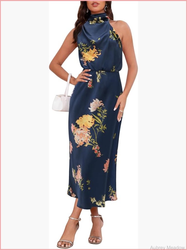 Elegant Satin Maxi Dress Mock Neck Sleeveless Formal Wedding Guest